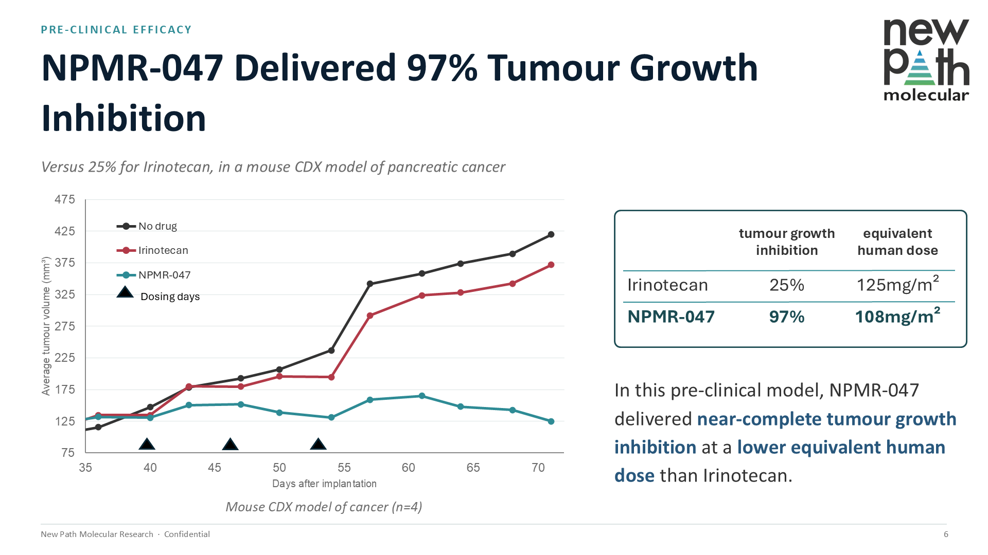Line chart showing average tumour volume over days 35 to 71 after implantation. NMPR-047 line remains near baseline while Irinotecan and no-drug control lines rise steeply. Summary table shows 97% tumour growth inhibition for NMPR-047 versus 25% for Irinotecan at a lower equivalent human dose.