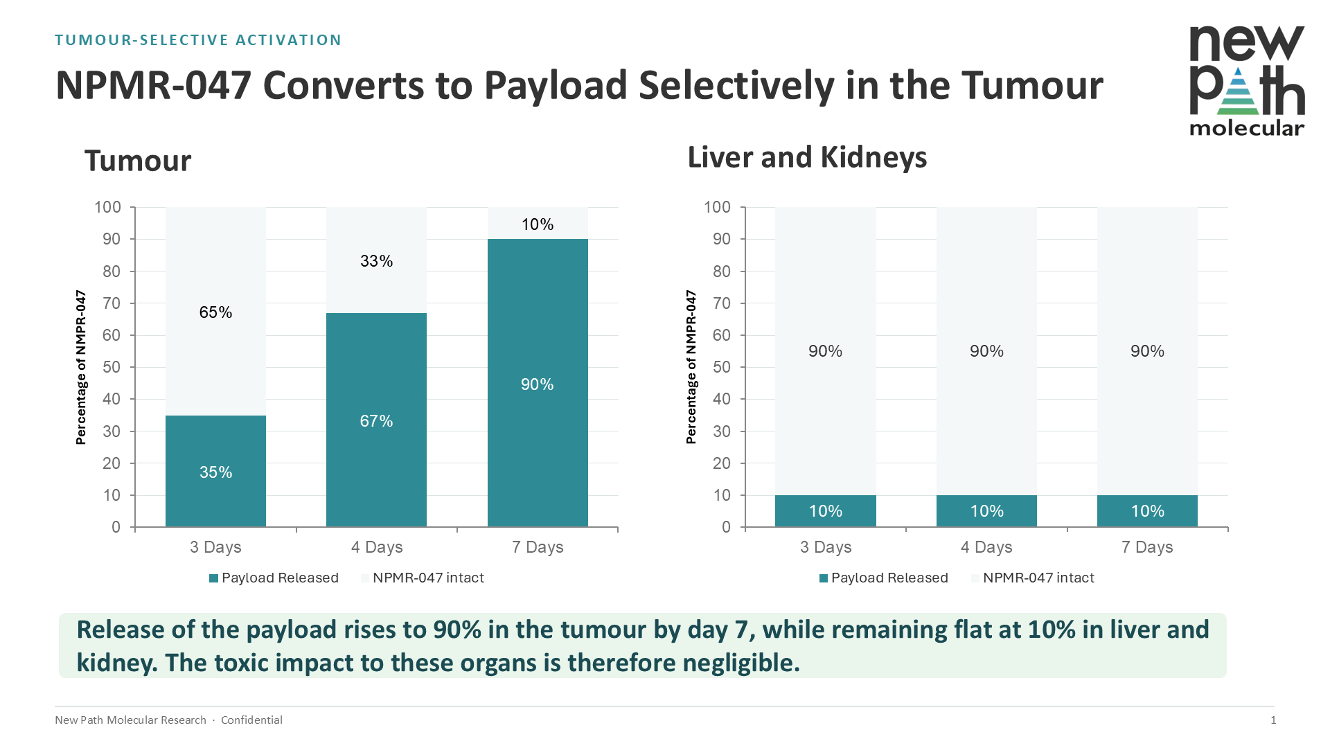 Two bar charts comparing payload release in tumour tissue versus liver and kidney at 3, 4 and 7 days after a single dose. Tumour bars rise from 35% to 90% released. Liver and kidney bars remain flat at 10% released throughout.